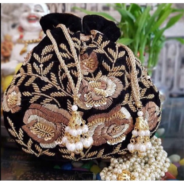 Bollywood Style Luxury Zardosi Handcrafted Party Polti Bag with Decorated Latkan